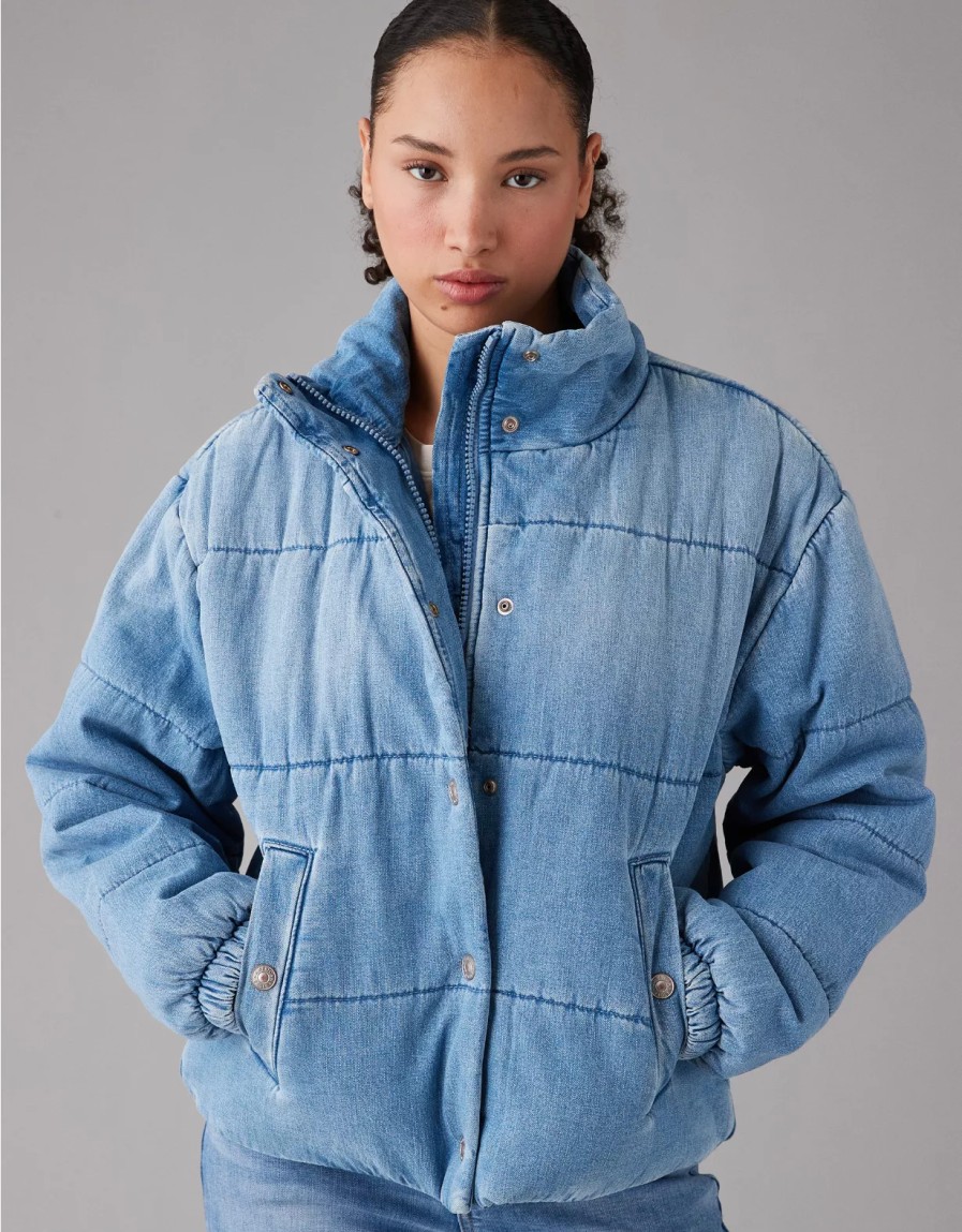 Women American Eagle | Ae Denim Cropped Bomber Puffer Jacket