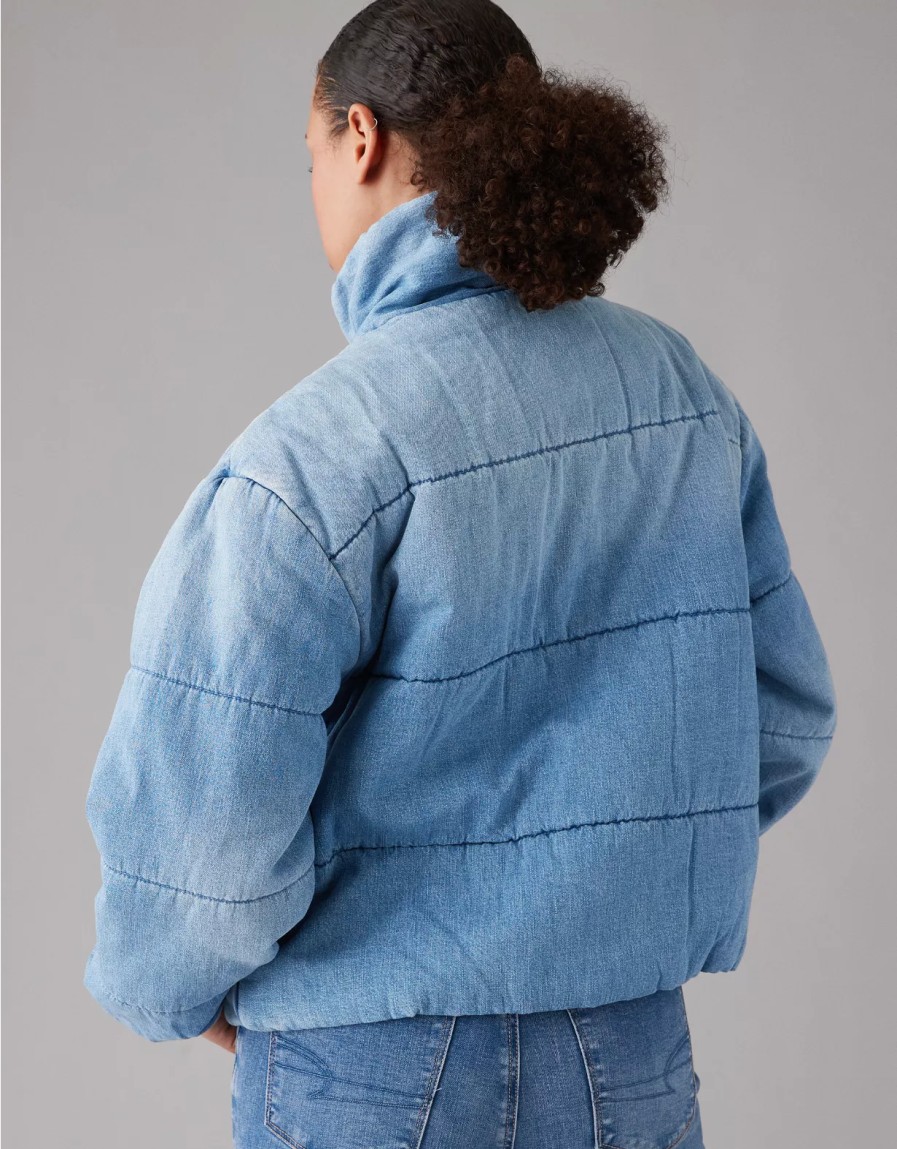 Women American Eagle | Ae Denim Cropped Bomber Puffer Jacket