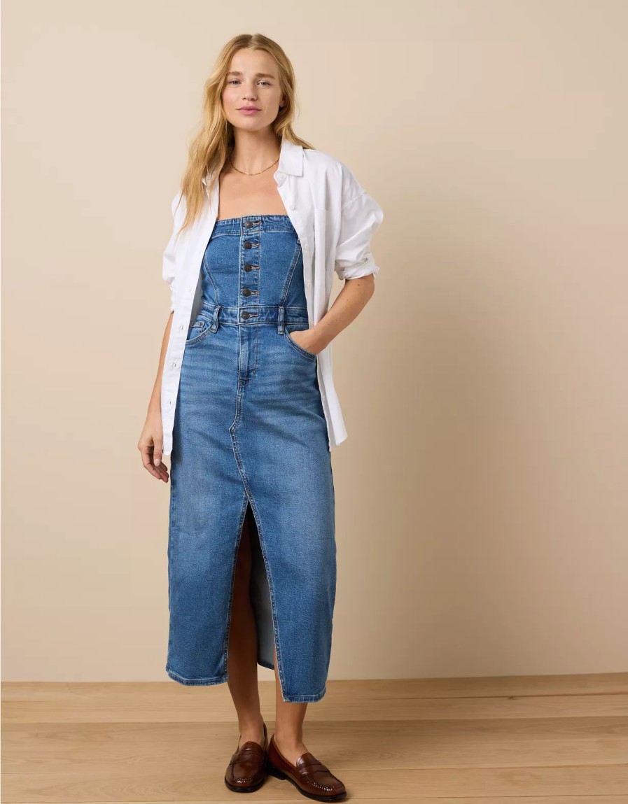 Women American Eagle | Ae Denim Tube Top Midi Dress