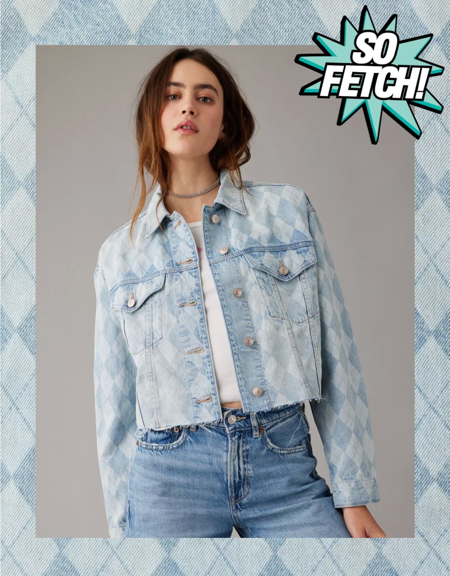 Women American Eagle | Ae X Mean Girls Cropped Argyle Denim Jacket