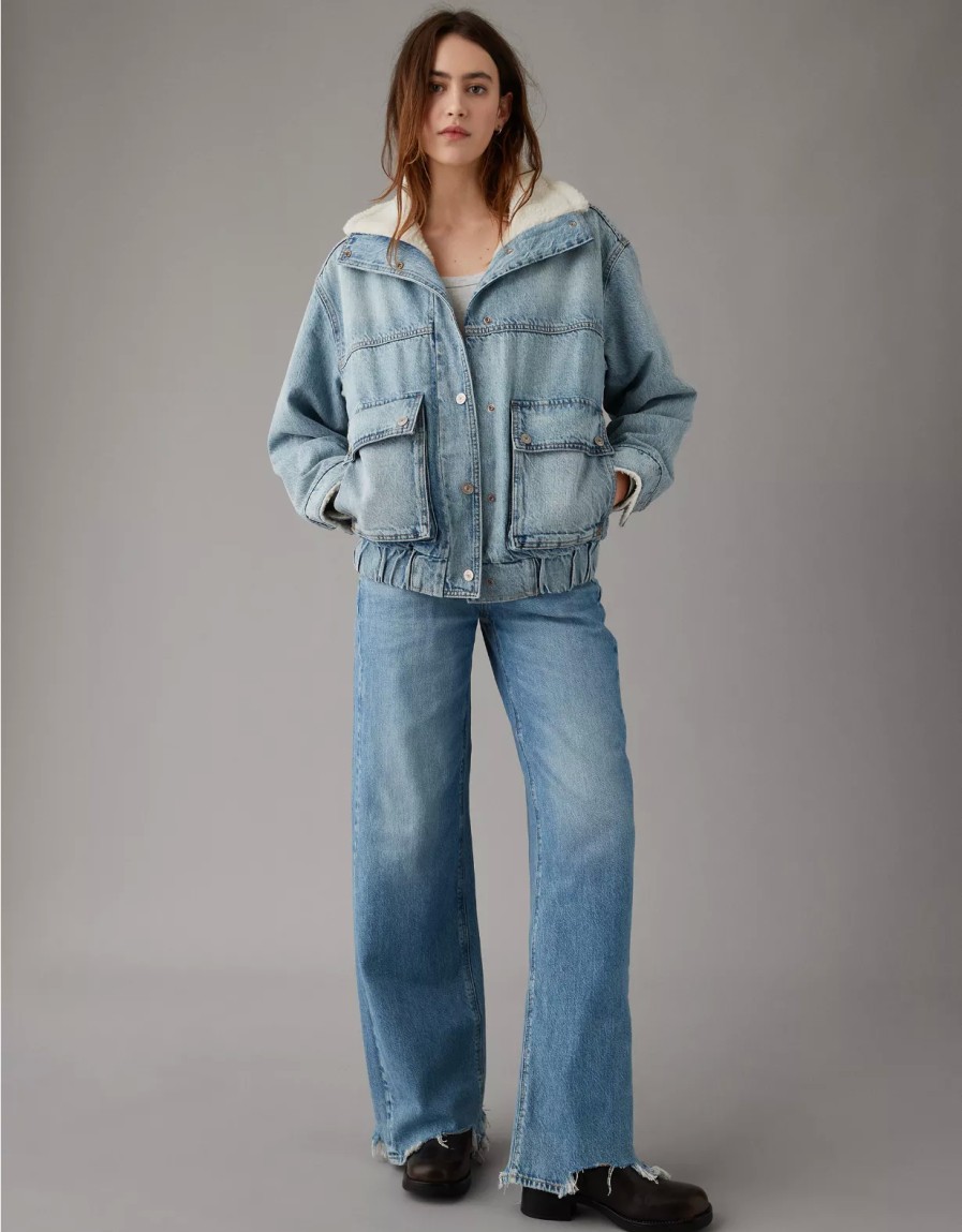 Women American Eagle | Ae Oversized Denim Bomber Sherpa Jacket