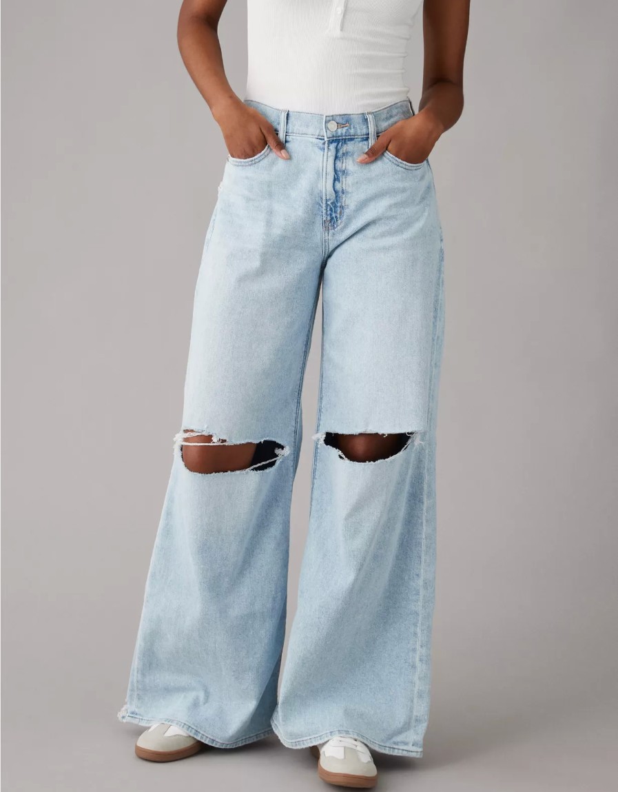 Women American Eagle | Ae Dreamy Drape Stretch Super High-Waisted Baggy Ultra Wide-Leg Ripped Jean