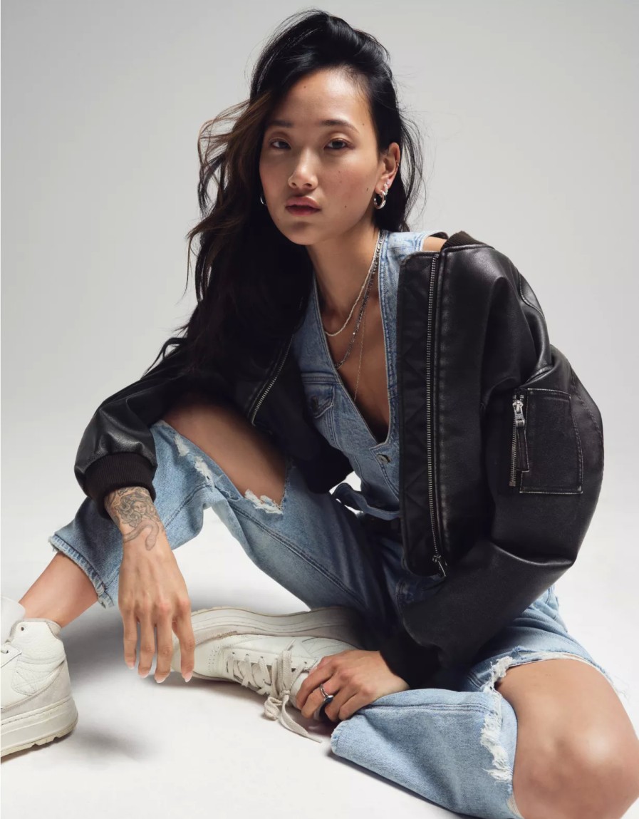 Women American Eagle | Ae Vegan Leather Cropped Bomber Jacket