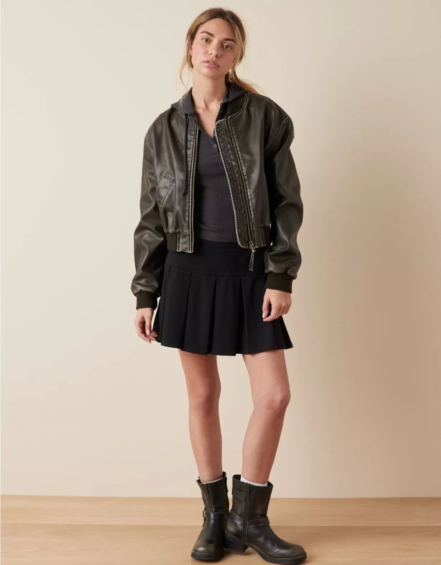 Women American Eagle | Ae Vegan Leather Cropped Bomber Jacket