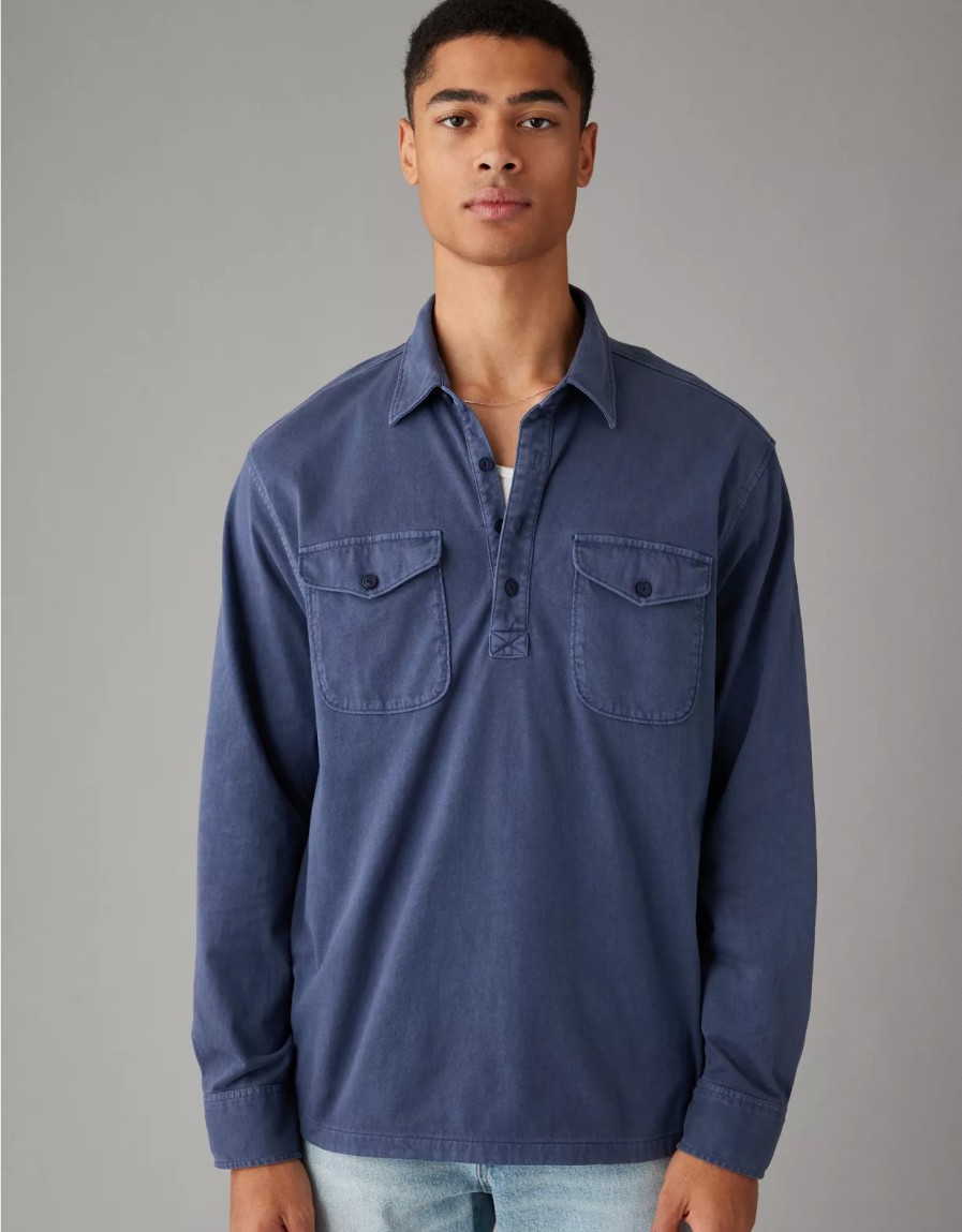 Men American Eagle | Ae Long-Sleeve Knit Popover Henley T-Shirt