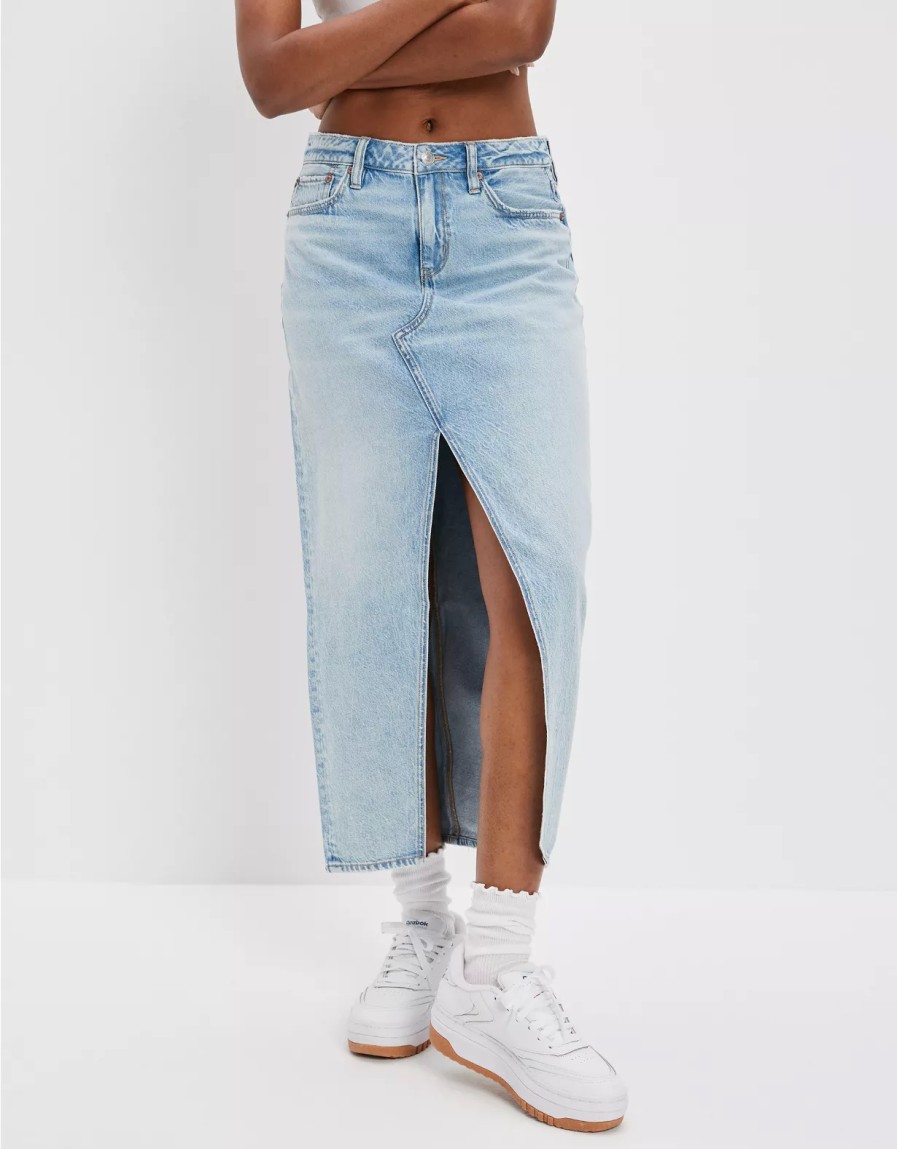 Women American Eagle | Ae Dreamy Drape Low-Rise Denim Maxi Skirt