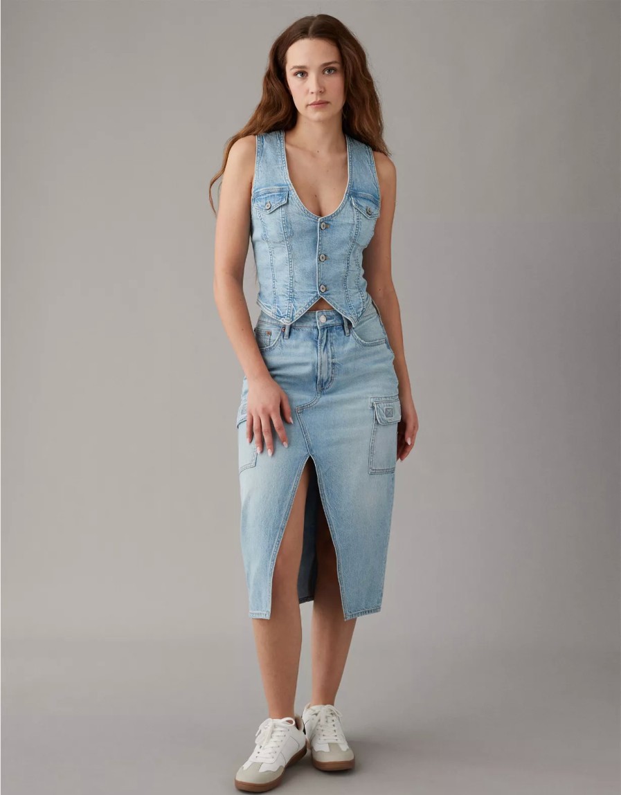 Women American Eagle | Ae Dreamy Drape High-Waisted Cargo Denim Midi Skirt