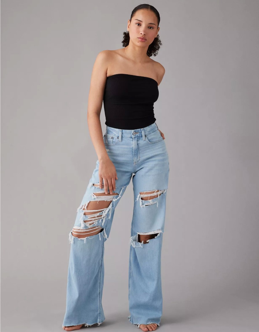 Women American Eagle | Ae Dreamy Drape Stretch Curvy Super High-Waisted Ripped Baggy Wide-Leg Jean