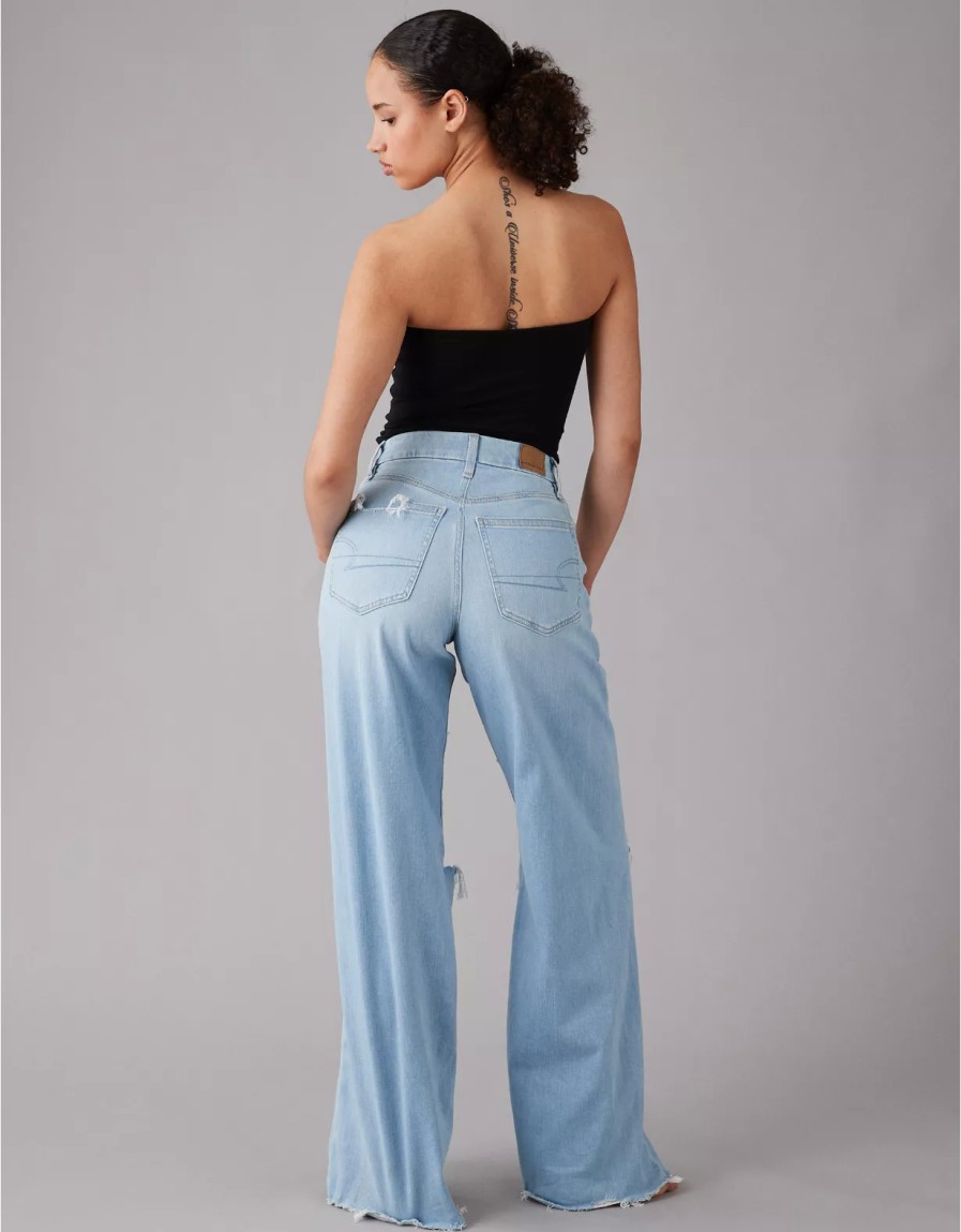 Women American Eagle | Ae Dreamy Drape Stretch Curvy Super High-Waisted Ripped Baggy Wide-Leg Jean