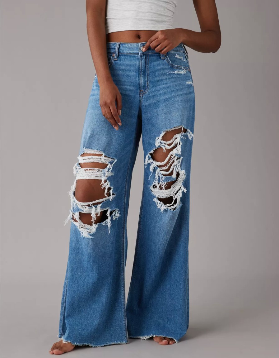 Women American Eagle | Ae Dreamy Drape Stretch Super High-Waisted Baggy Ultra Wide-Leg Ripped Jean